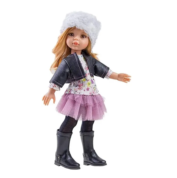 32Cm Doll Outfit – Dark Jacket, Pink Skirt & Grey Plush Wrap 1