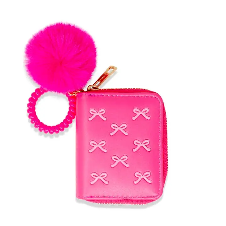 3D Pom-Pom Bow Zippered Wallet – Vibrant Hot Pink 1