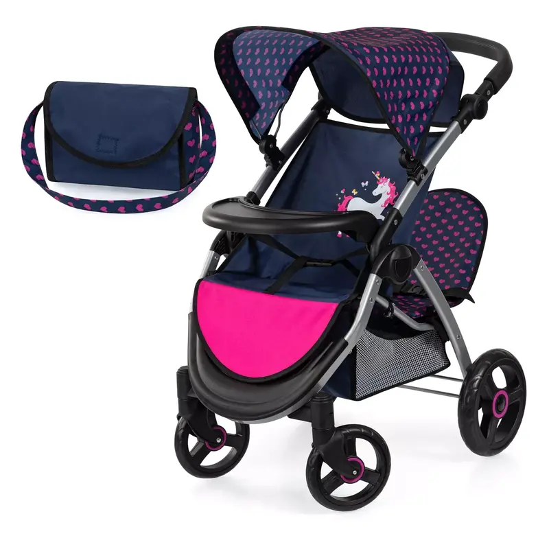 Bayer Twin-Star Doll Pram – Blue Base With Pink Hearts & Unicorn Accents 1