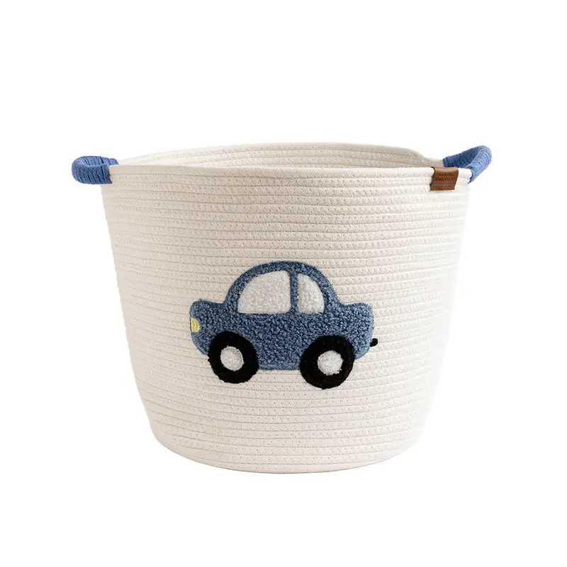 Car-Embroidered Cotton Rope Hamper – Eco-Friendly Woven Storage Bin 1