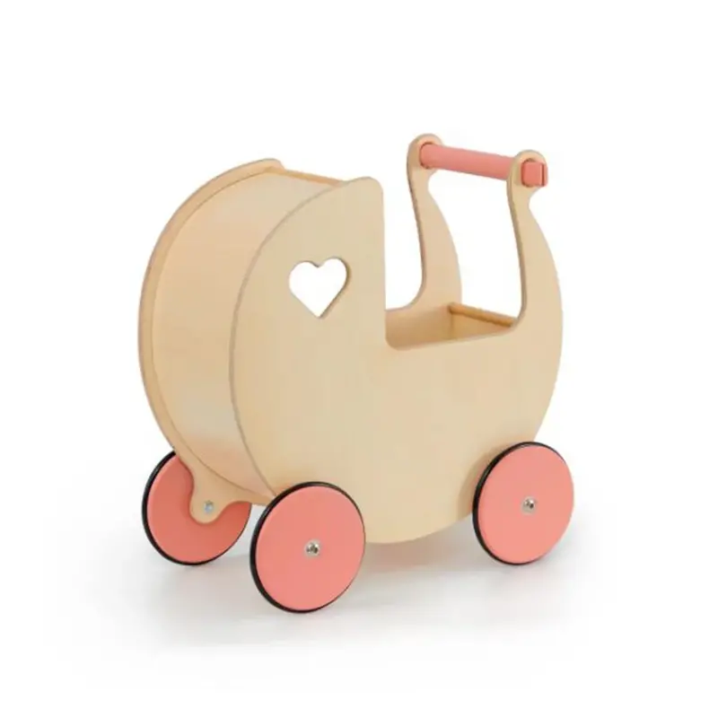 Classic Wooden Pram For Dolls – Natural Wood With Pink Accents 1