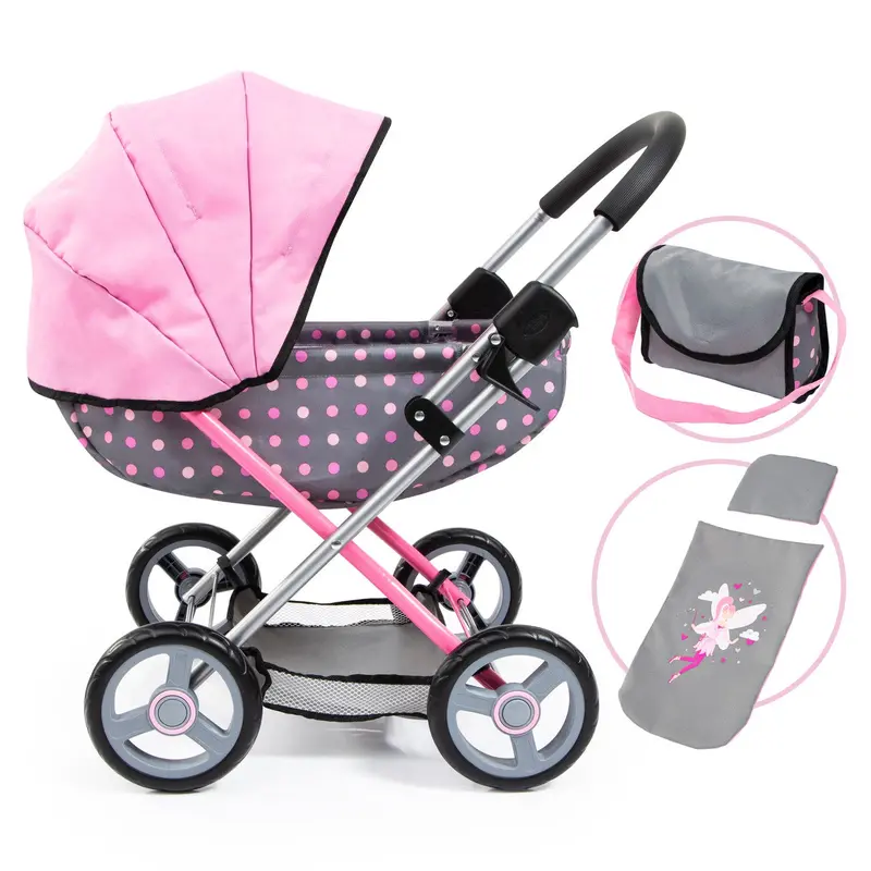 Grey And Pink Polka Dot Cosy Doll Pram With Pink Hood 1