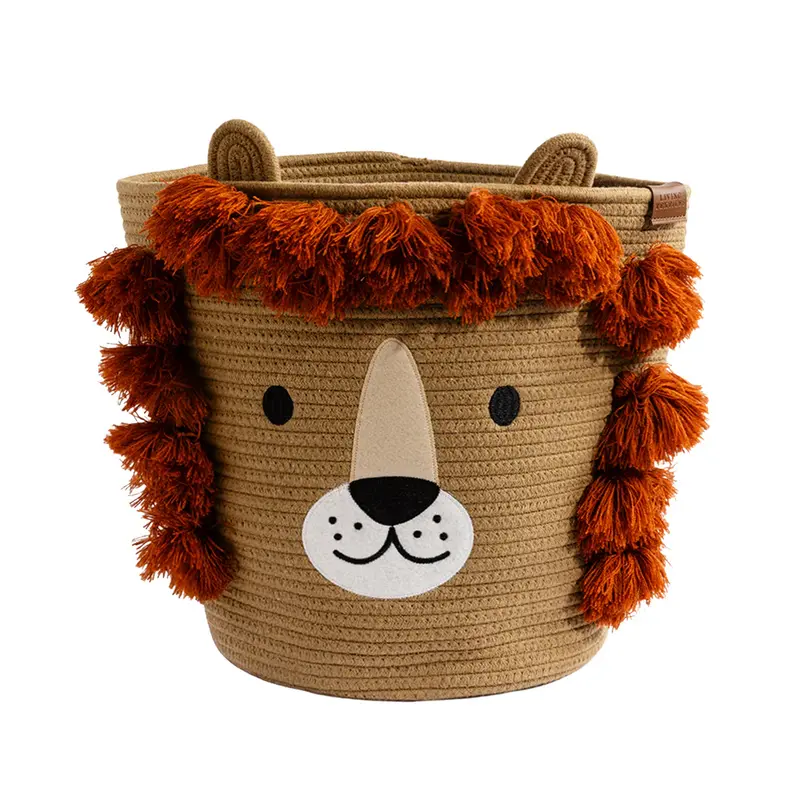 Lion-Embroidered Cotton Rope Hamper – Natural Woven Storage Basket 1