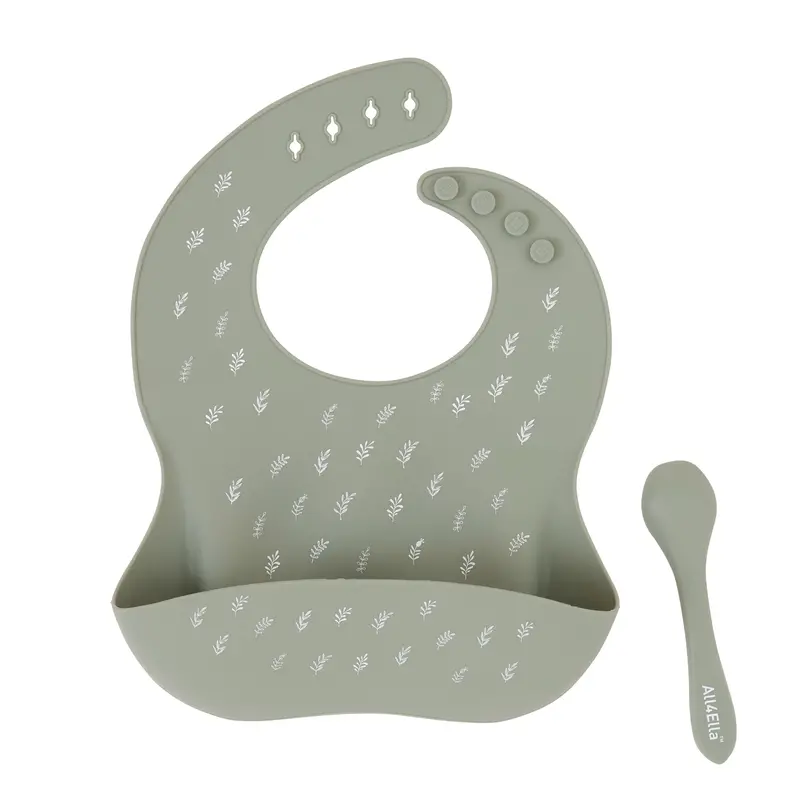 Olive-Tone Silicone Feeding Bib With Compact Storage Pouch 1