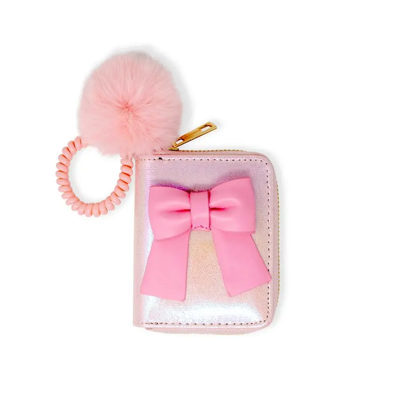 Pink Shiny Jumbo Bow Wallet With Spiral Strap 1
