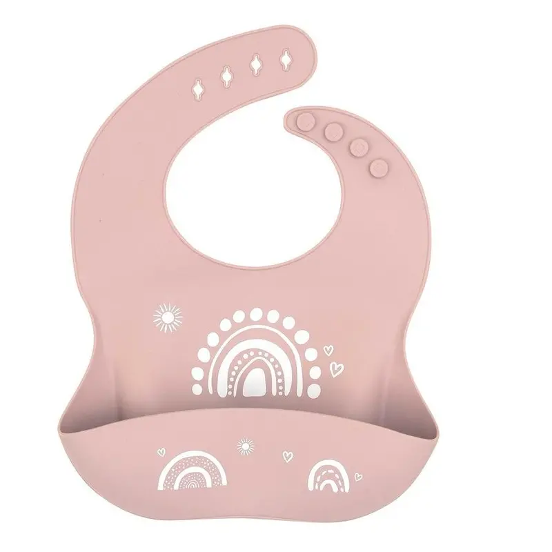 Rainbow-Dusted Pink Silicone Bib With Convenient Travel Pouch 1