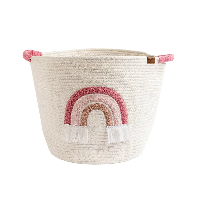 Rainbow-Embroidered Cotton Rope Hamper – Vibrant Handwoven Organizer 1