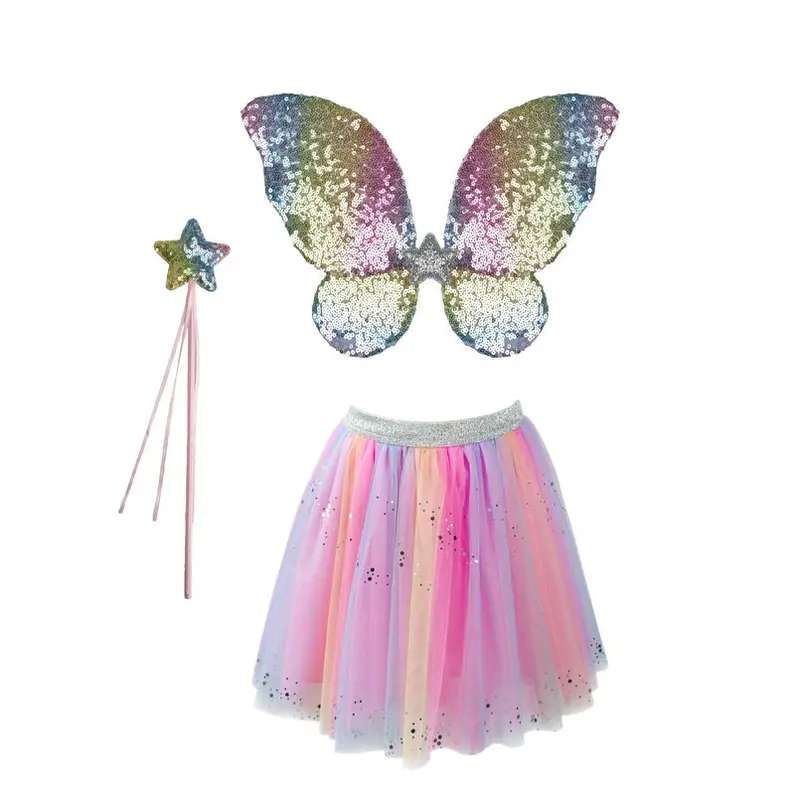 Rainbow Sequin Skirt Set With Detachable Wings And Magic Wand 1