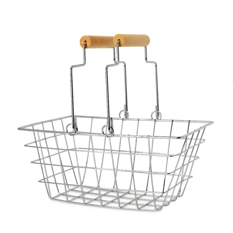 Rustic Metal Shopping Basket – Eco-Friendly Carryall With Solid Wood Handle 1