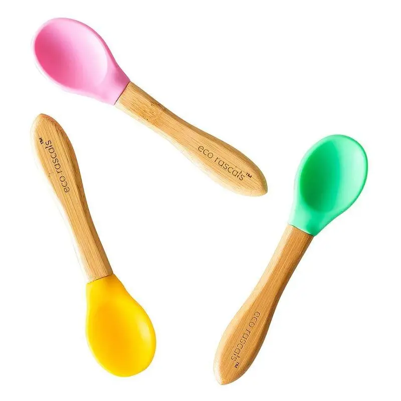 Set Of 3 Bamboo Feeding Spoons – Eco-Friendly Utensils In Pink, Yellow, Green 1